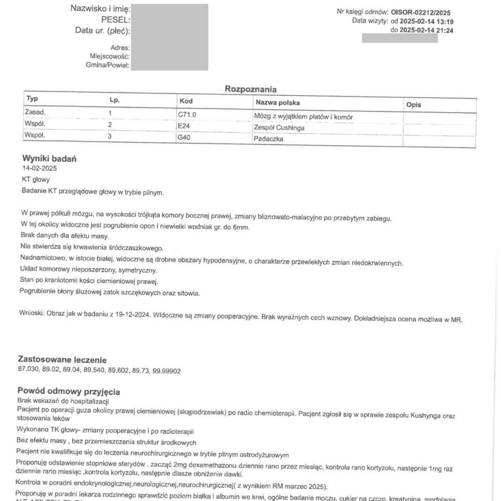 KARTA ODMOWY PRZYJECIA DO SZPITALA 14.02.2025